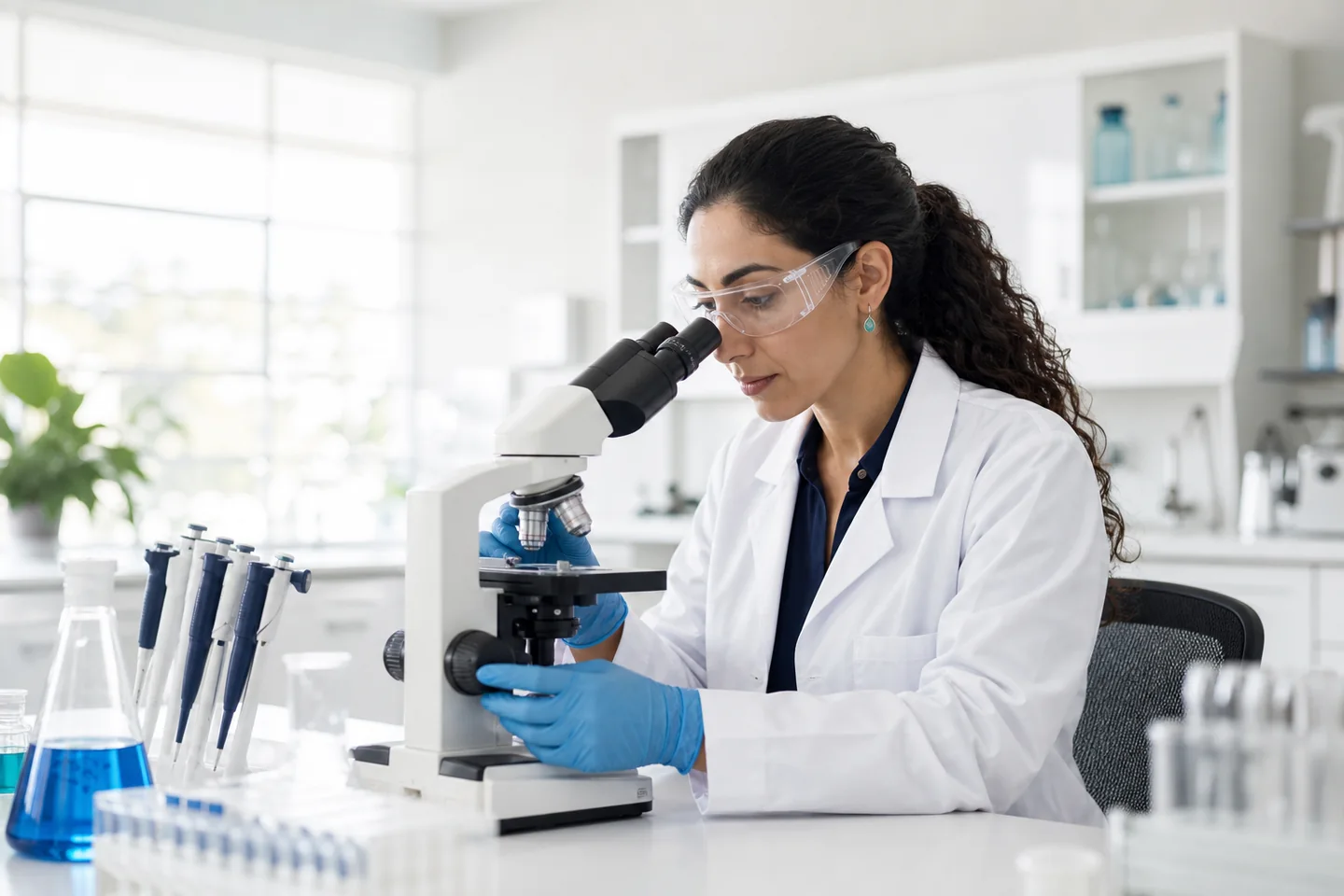 Illustrative laboratory professional examining a sample with a microscope in a bright laboratory.