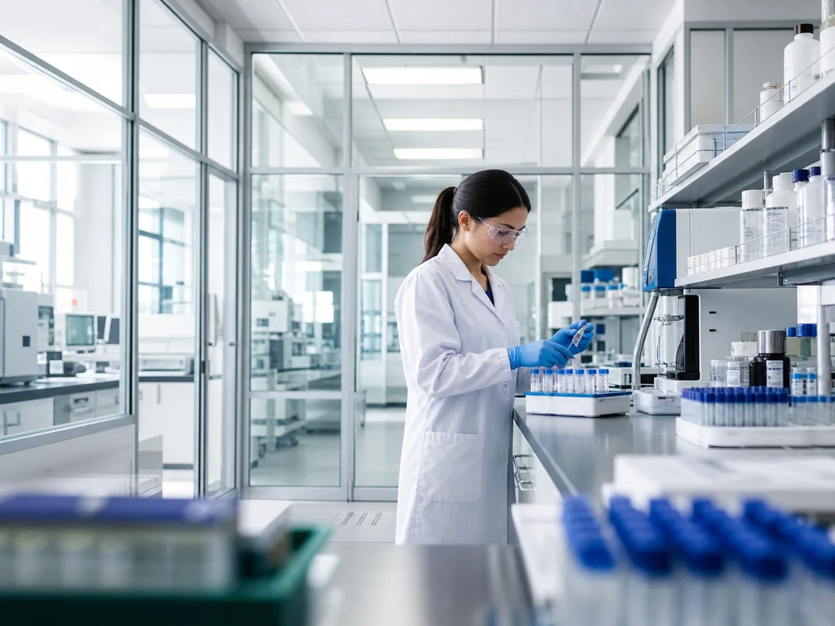 Illustrative laboratory professional preparing samples in an organized modern laboratory.