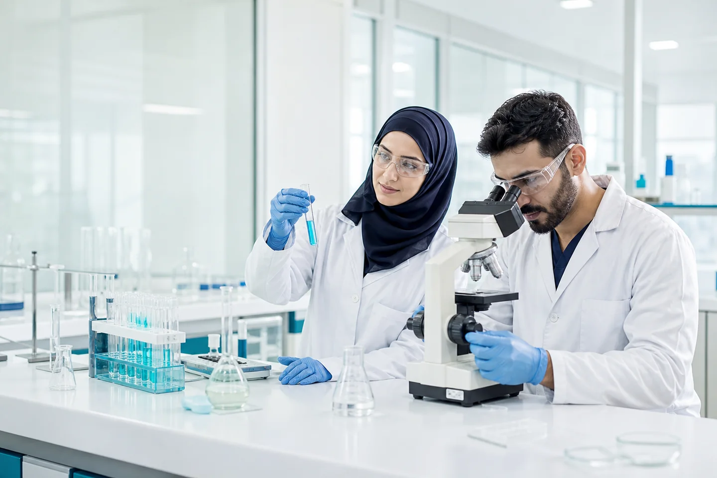 Illustrative laboratory professionals working together at a microscope and sample bench.