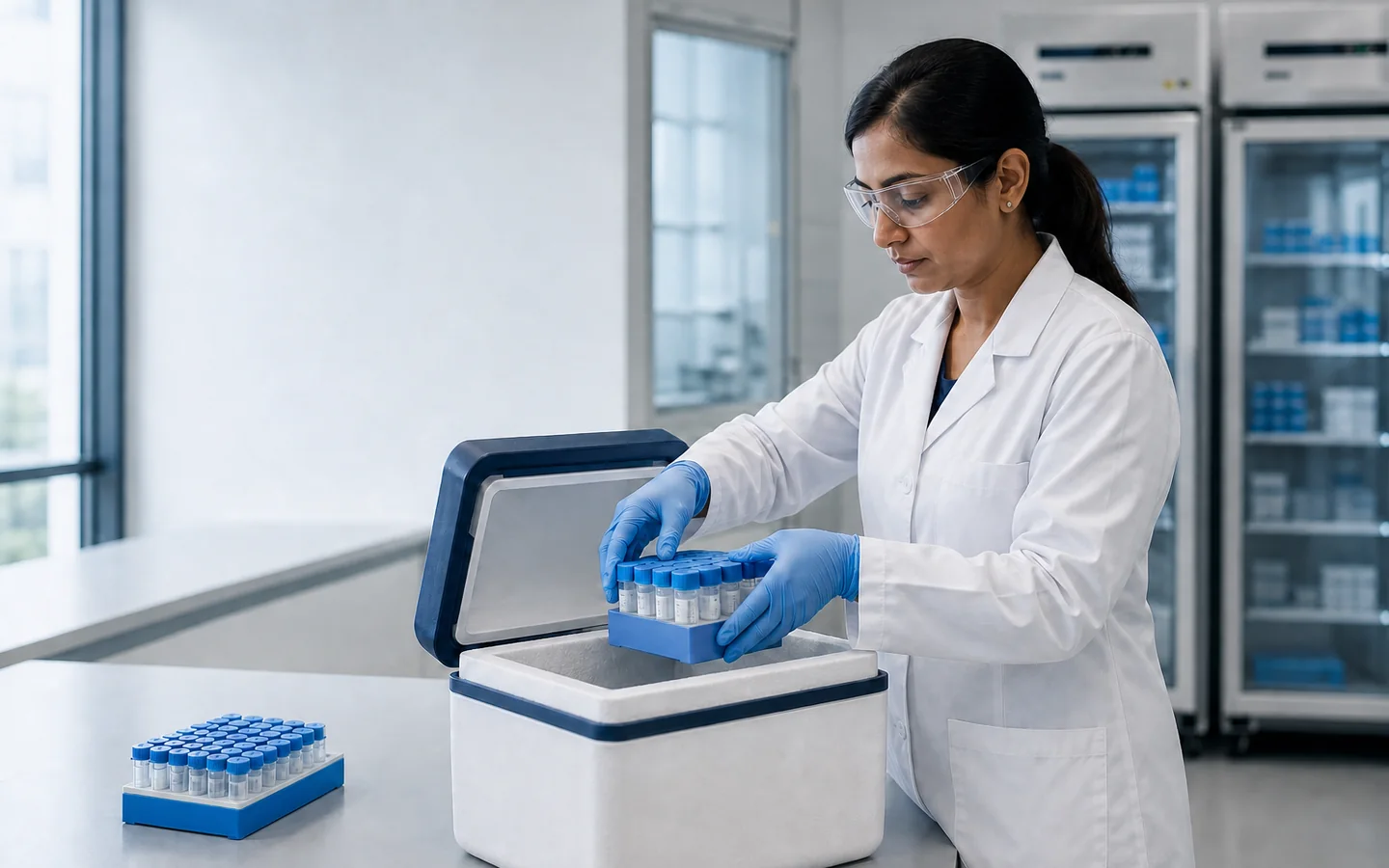 Laboratory professional handling capped samples in an insulated cold-chain carrier.